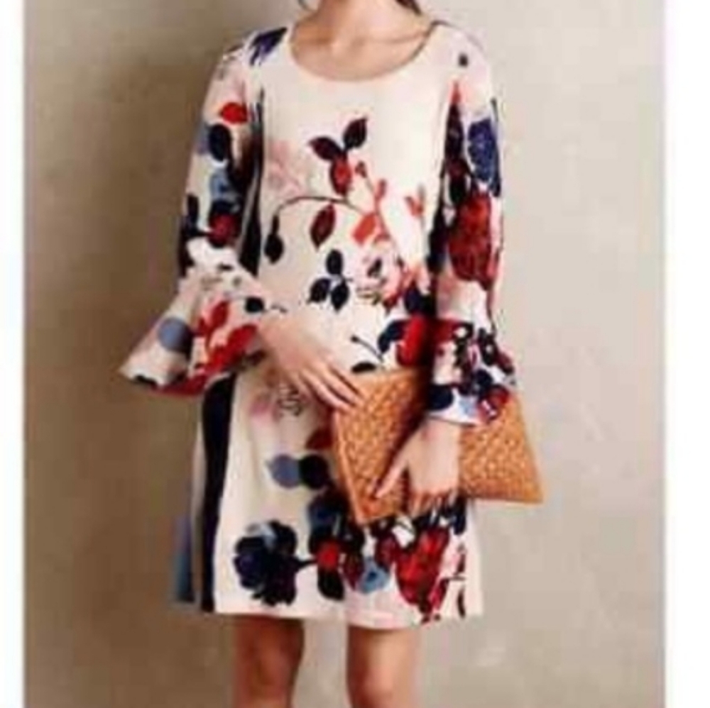 Anthropologie Maeve Beige Floral Midi Dress With Bell Sleeve. Size M